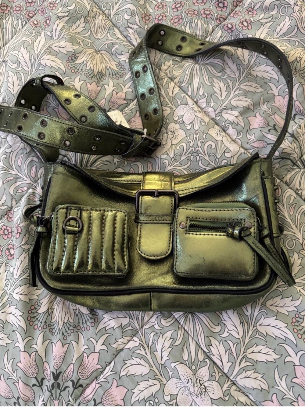 Free People Metallic Olive Green Crossbody Bag with Buckle and Grommet Strap